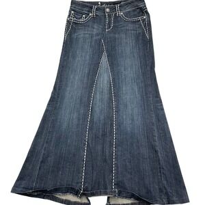 LA Idol Jean Skirt Womens 9/33L Blue Stitched Maxi 80s Cotton Denim Stretch VTG